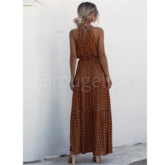 Polka Dot Brown Maxi Dress Tie Belt High Halter Neck - Picture 5 of 8